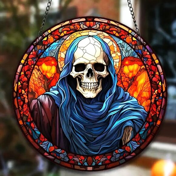 Skull Suncatcher Halloween Cloak Grim Reeper Scary Horror Skeleton In/Outdoor - Picture 1 of 3
